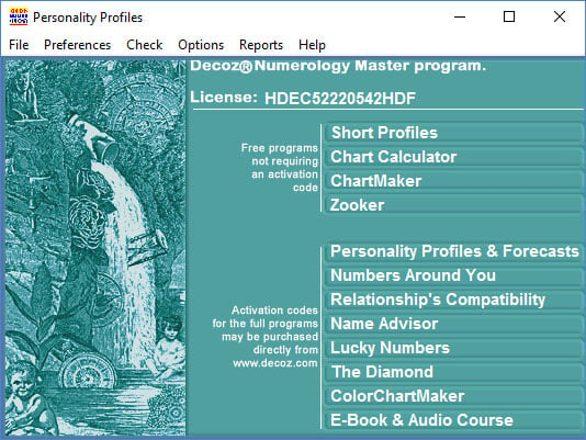 Decoz Numerology Master program - opening page with license 