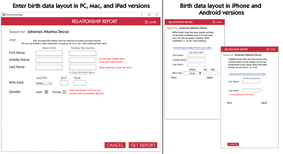 World Numerology software - relationship compatibility report layout for entering birth data 