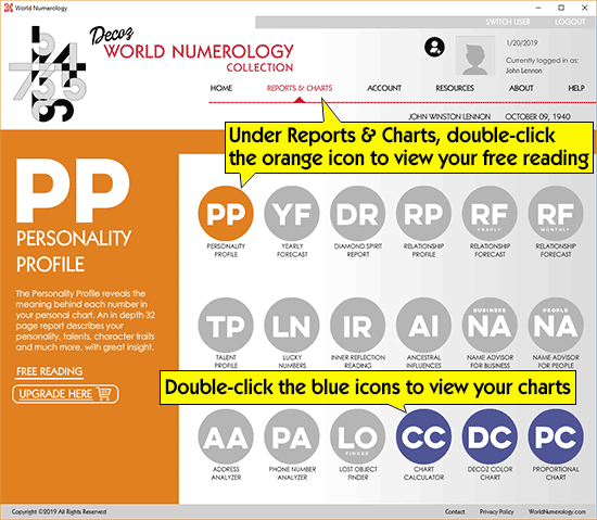 Go to the World Numerology software app's Reports & Charts page to view your free reading.