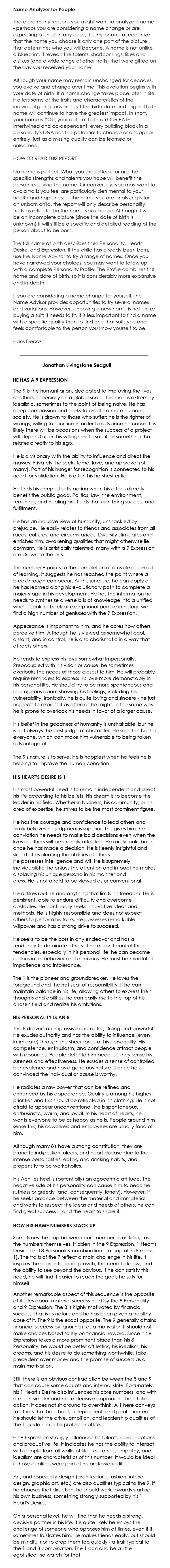 The Name Analyzer for people produces small but focused numerology readings based on a person's core name numbers, including the Expression, Heart's Desire, and Personality numbers 