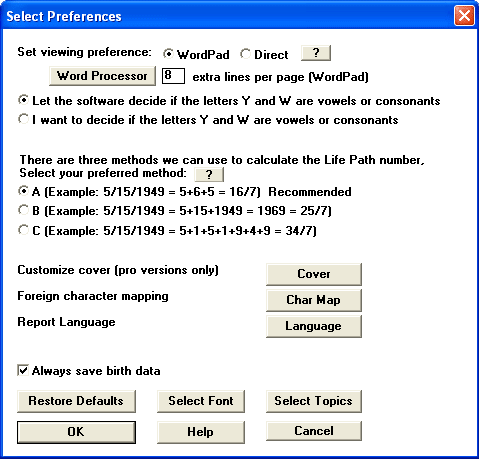 Decoz Numerology Software Master Program Preferences dialog box 