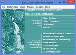 The Decoz Numerology software for professionals includes personal profiles, future forecasts, and relationship reports.