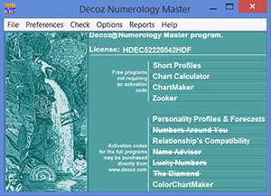 Decoz Numerology Software opening page