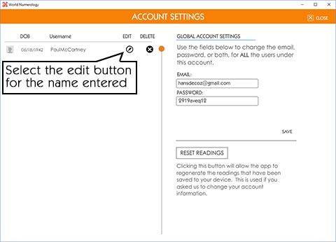 How to edit a user's birth data in the world numerology app.