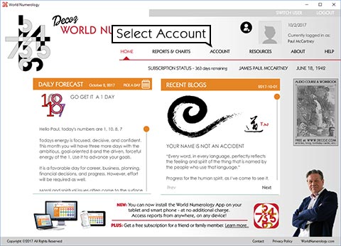 When you are back to the numerology app's opening page, select Account