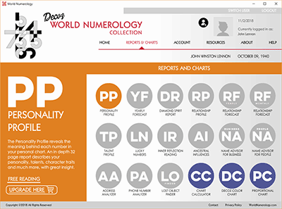 Select any gray icon to call up the Upgrade link for a free numerology reading.