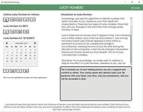 The Lucky Numbers page in the numerology app