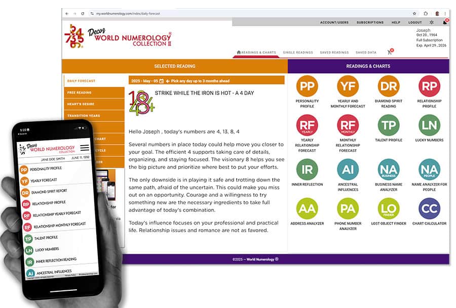 The World Numerology app with 20 readings and charts.