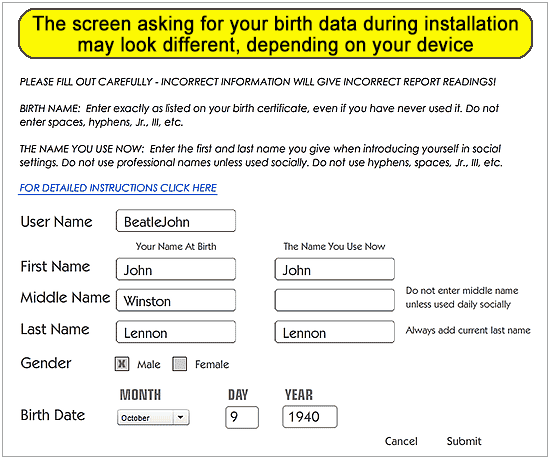 Sample of how to enter your birth data in our numerology software app.