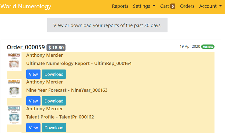 Using our numerology software online gives you the ability to download reports up to 30 days after purchase.