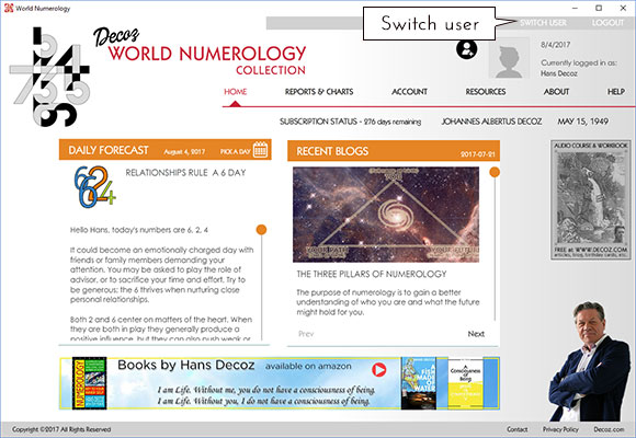 The home page of the numerology app offers a Switch User option in the top right corner 