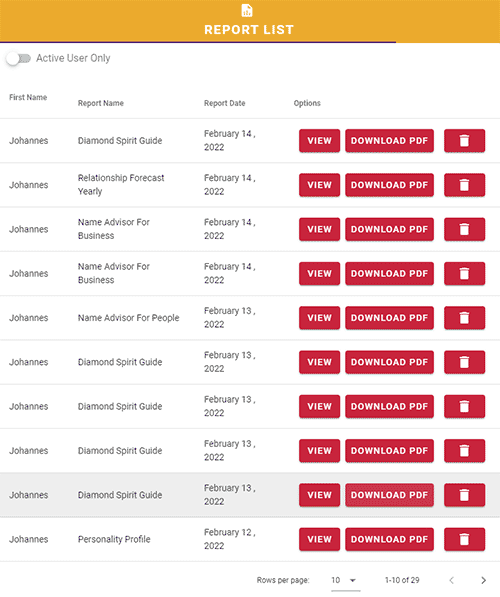 Account page showing saved readings.